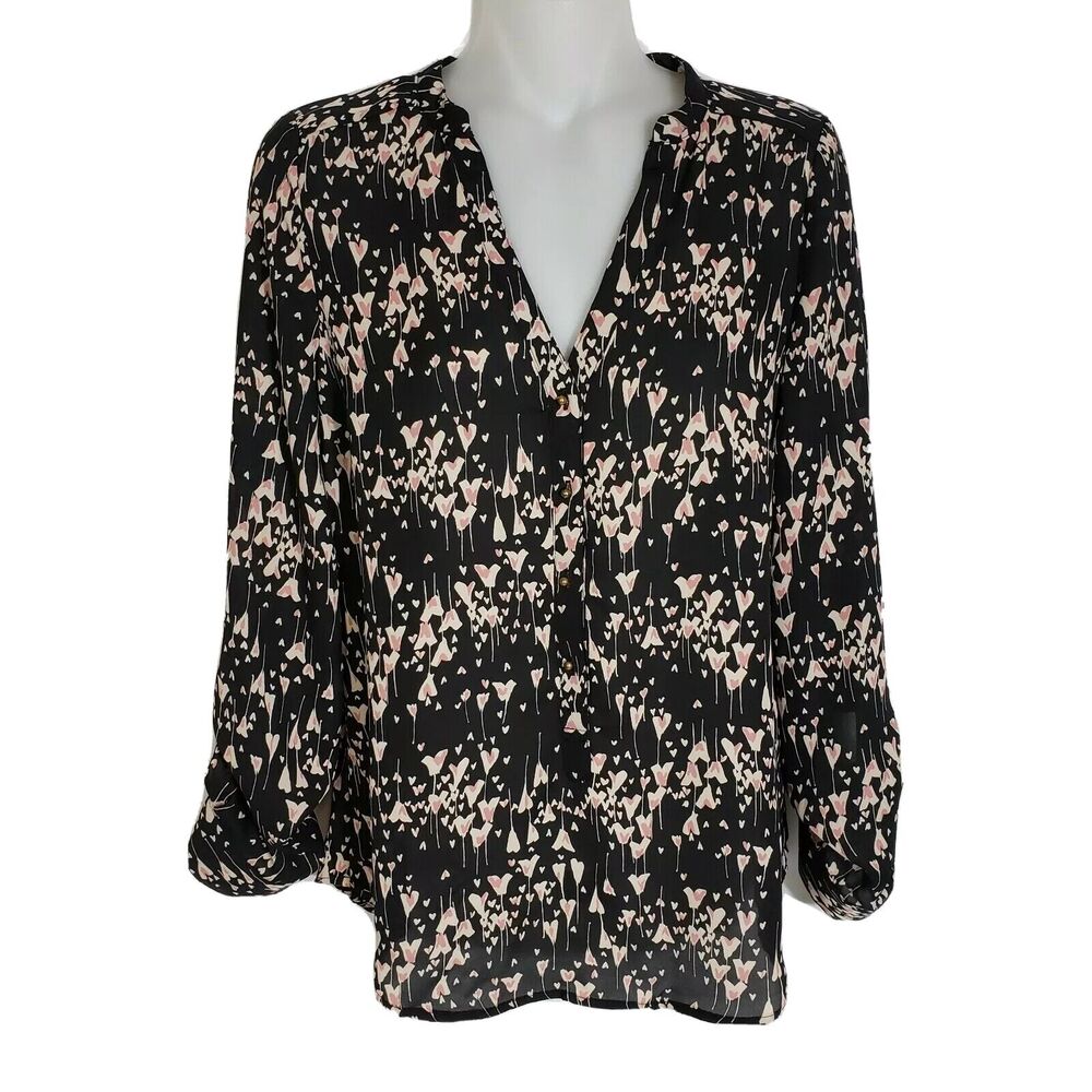 LC Lauren Conrad Womens Sz XS Blouse Black Pink Heart Pattern Button Tab Sleeve